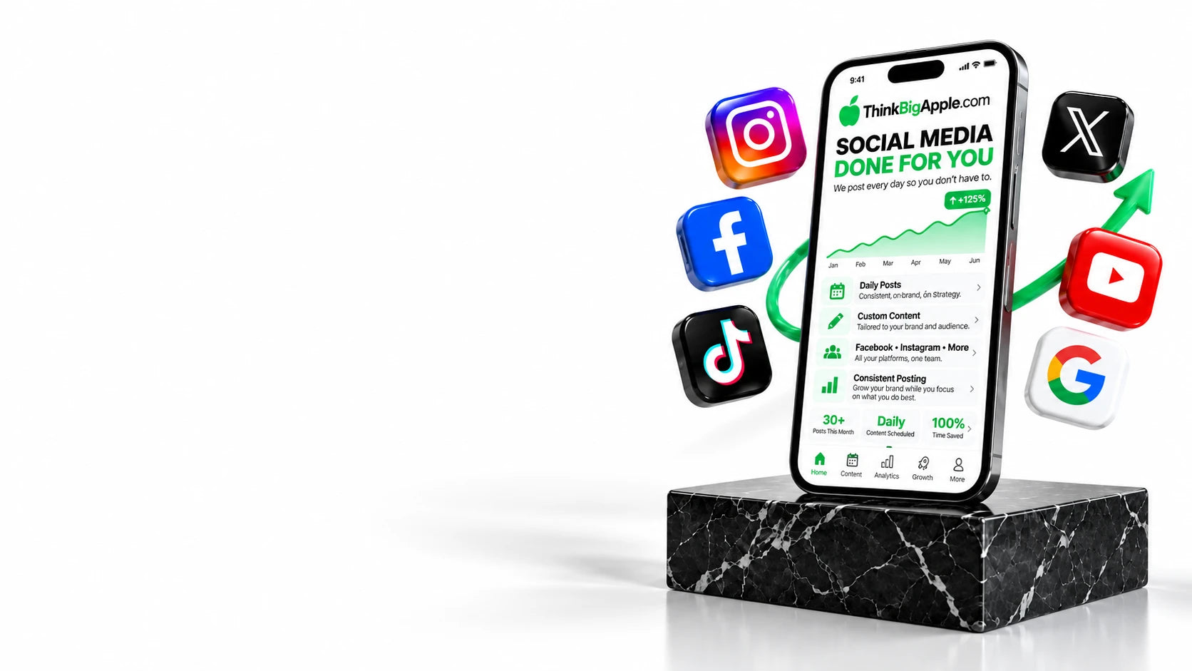 Illustrative marketing dashboard on an angled phone, surrounded by floating social media icons and a black marble platform. Numbers are examples, not customer results.
